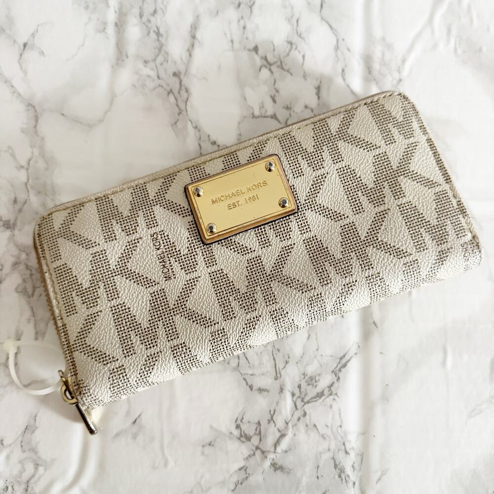 MICHAEL KORS MK Jet Set Monogram Zip Around Wallet Cream Gold